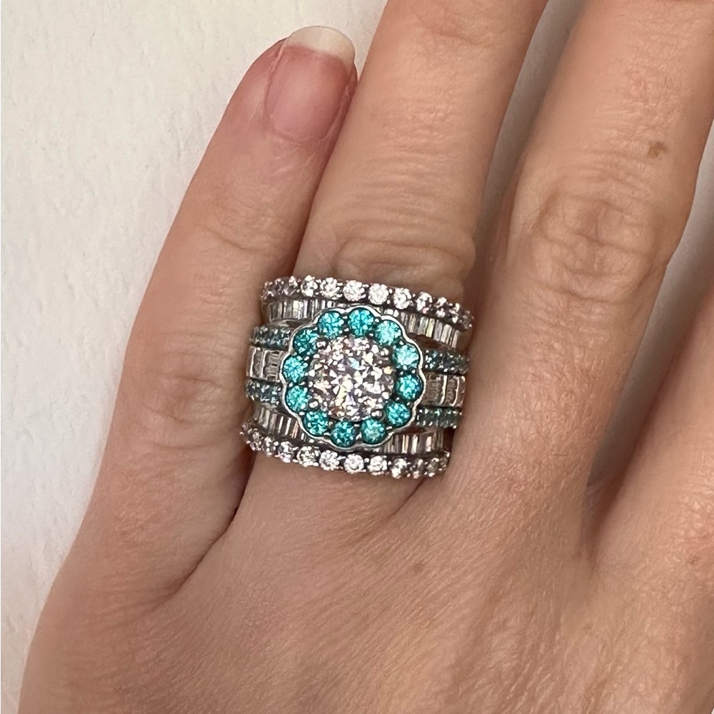 Silver Cocktail Ring Engagement Ring Round CZ Center with Halo, White & Blue CZ